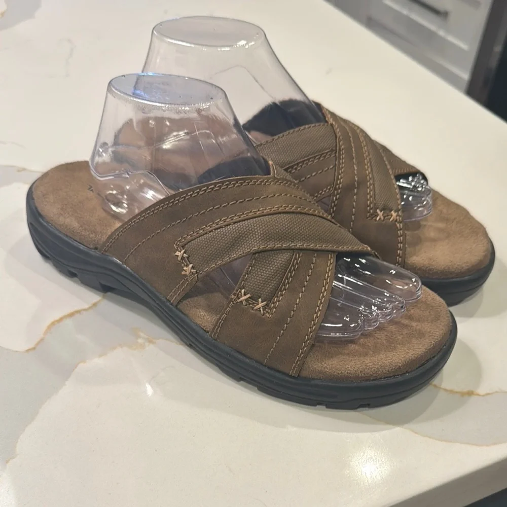Thom McAn Brown Sandals with Slip-On Design and Contoured Footbed